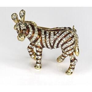 Crystal Zebra Brooch Pin Crystal Rhinestone Enameled Gold Zoo Animal Green Eyes